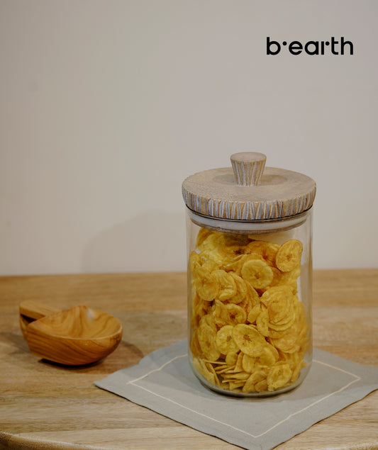 Clear glass jar with crusted wooden lid- Small