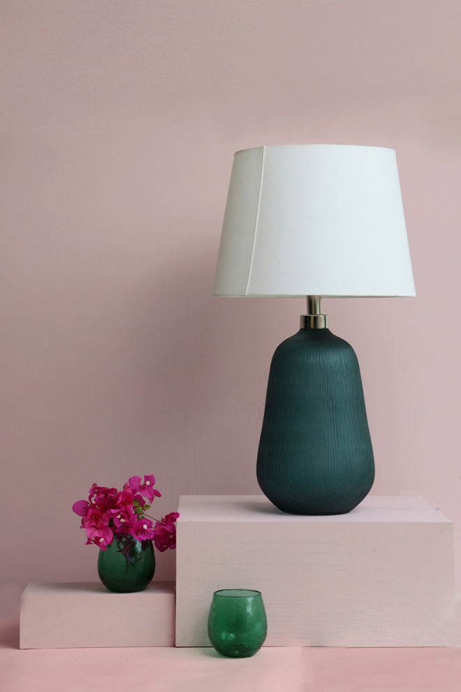 Green Tinted Glass Table Lamp with Fabric Shade